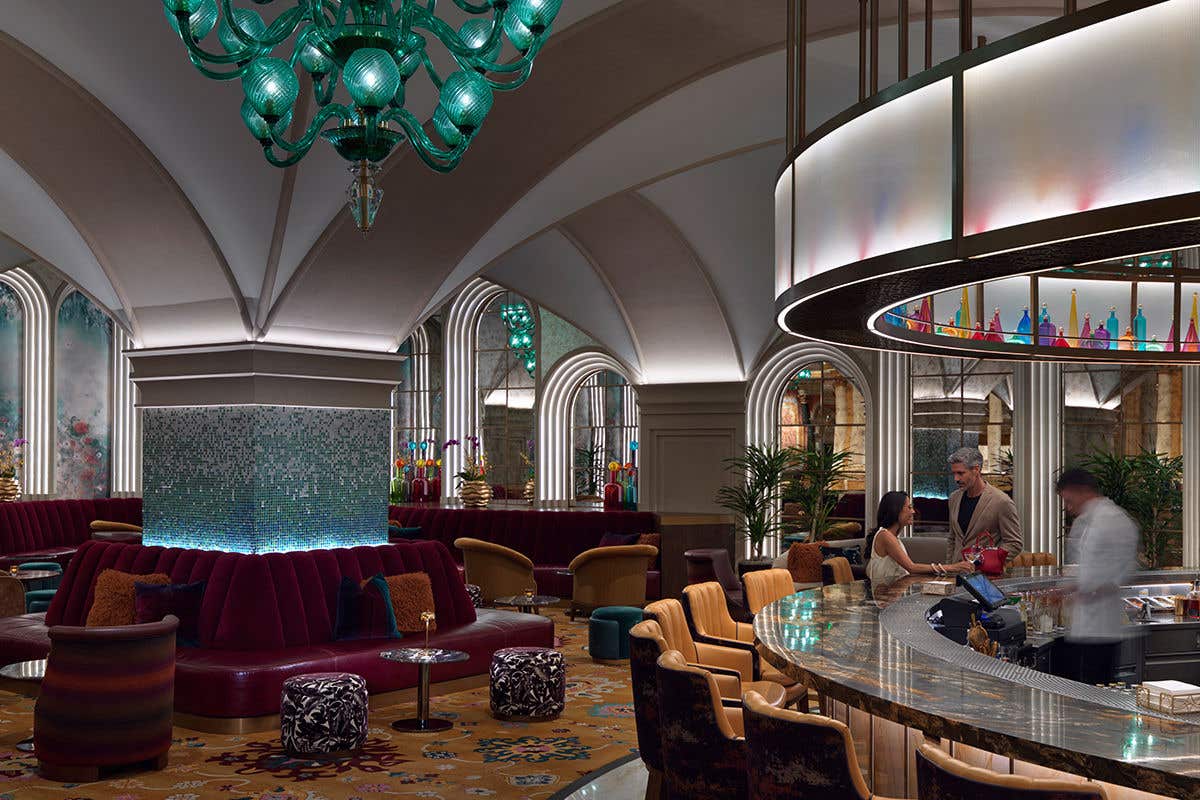 The interior of the bar Sala 118, located in the lobby at The Venetian North Tower, features plush velvet and leather banquets and seating at the bar.