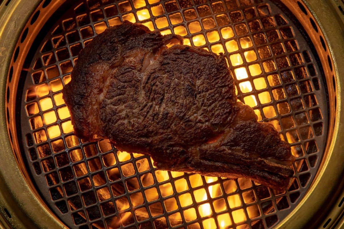 Large, cooked piece of meat on grill with fire underneath.  
